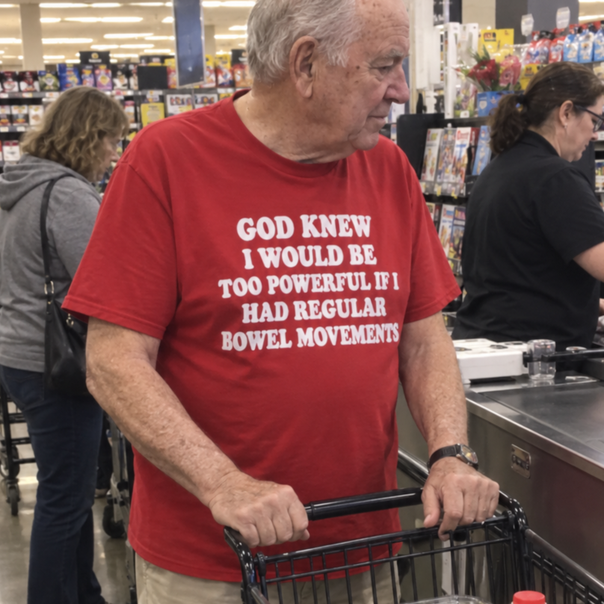 Person wearing the Too Powerful funny t-shirt by Du Gut