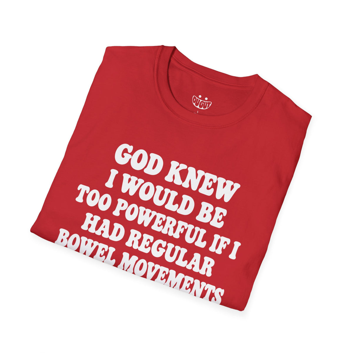 Too Powerful funny t-shirt in red by Du Gut
